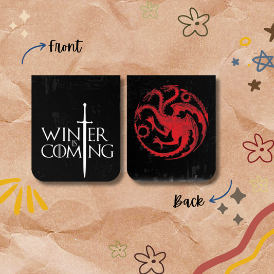 Two black cards with 'Winter is Coming' and red dragon symbols on a patterned background.