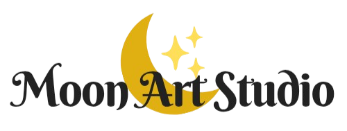 Logo of Moon Art Studio with a yellow crescent moon and stars on a white background