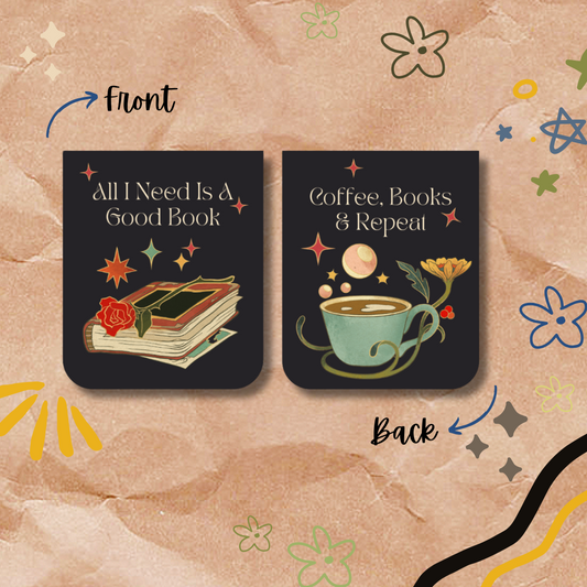 magnetic bookmark with book and coffee design on a decorative background