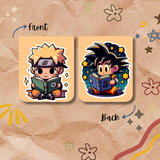 Two cartoon character stickers, one on front and one on back, with a decorative patterned background.