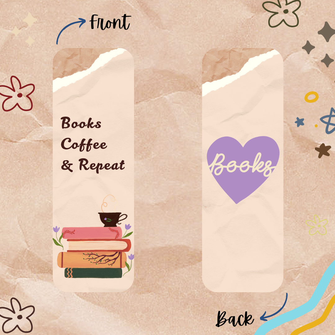 Bookmark designs on a textured beige background with floral and geometric patterns.