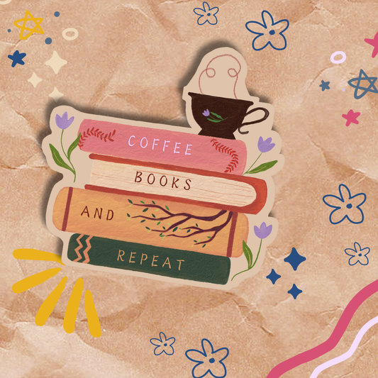 Decorative sticker with books and a coffee cup on a patterned background