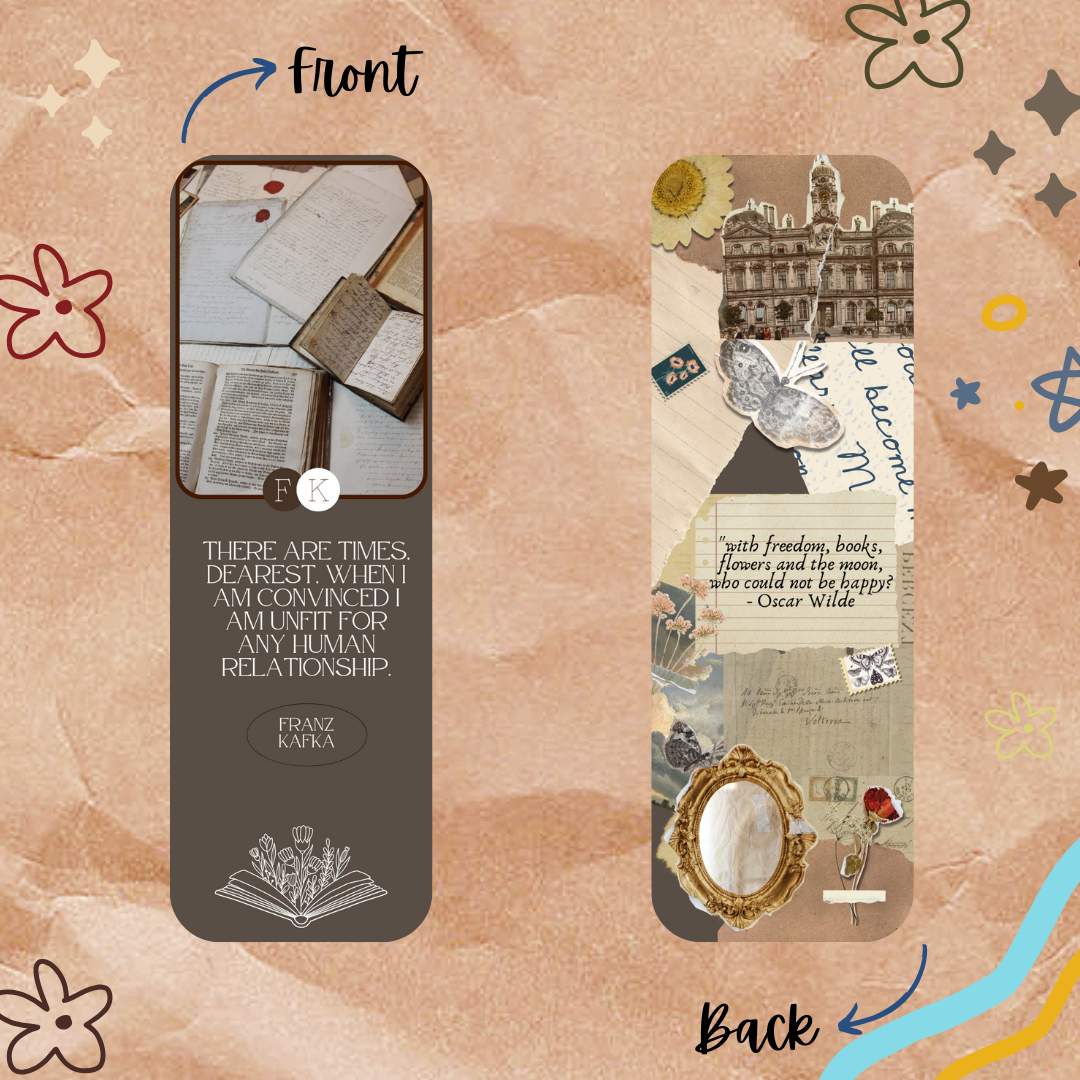 Two bookmark designs on a textured beige background with floral and decorative elements.