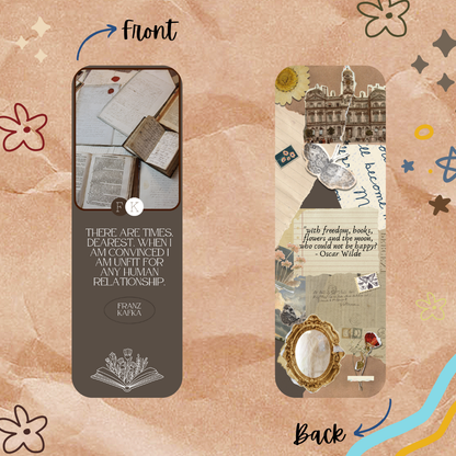 Two bookmark designs on a textured beige background with floral and decorative elements.