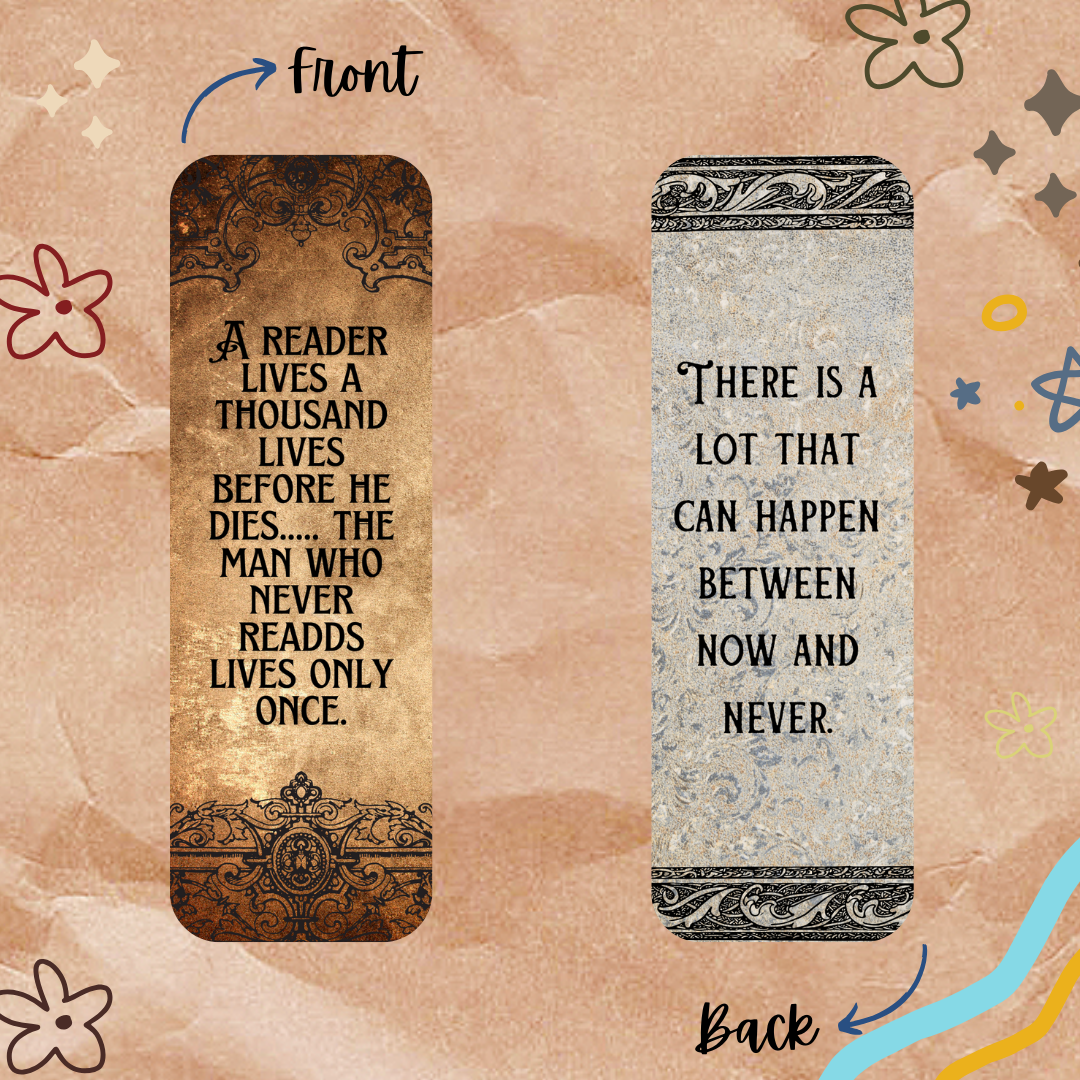 Two bookmarks with quotes on a decorative background