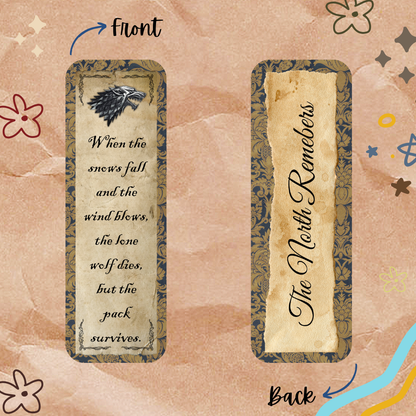Two bookmarks with text and a design on a decorative background