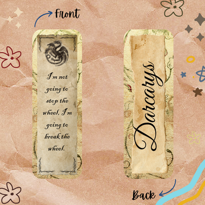 Two bookmarks with text and a logo on a decorative background