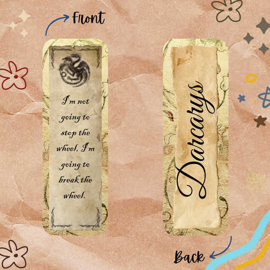 Two bookmarks with text and a logo on a decorative background