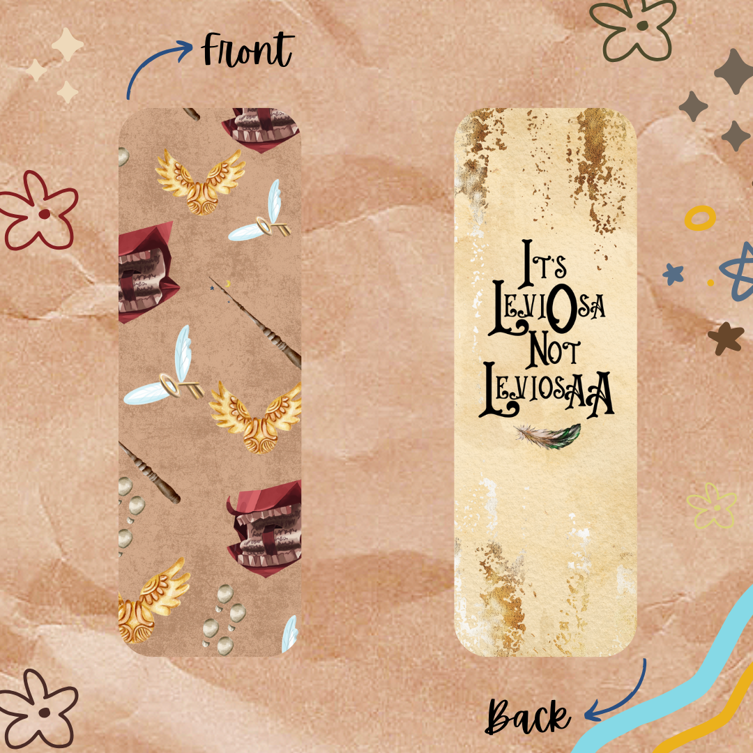 Bookmark with front and back Harry Potter designs on a decorative background