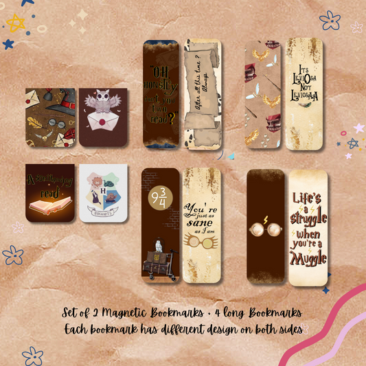 Set of 2 magnetic bookmarks and 4 long bookmarks with various designs on a decorative background.