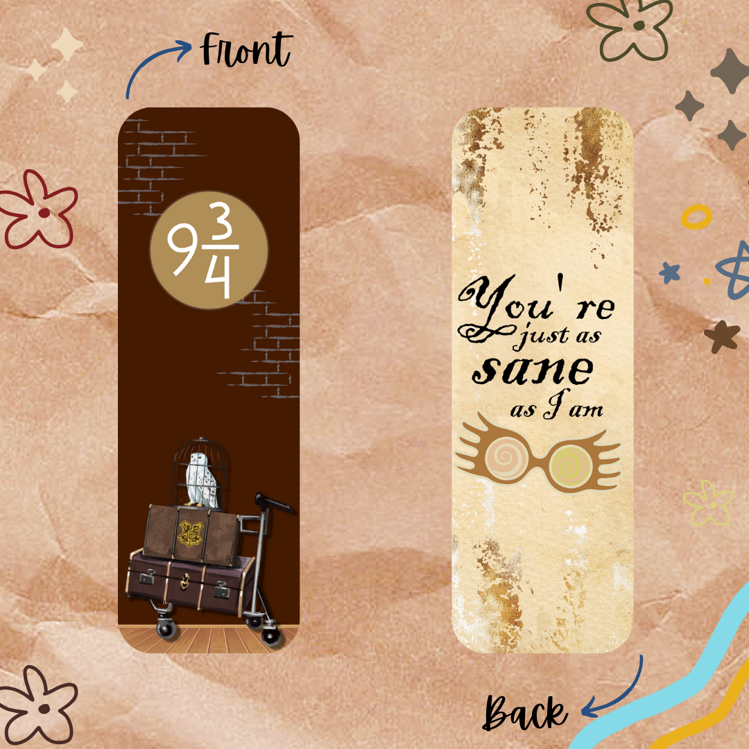 Long Bookmark with front and back designs featuring harry potter theme a decorative background.