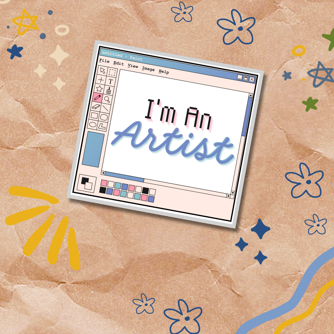 Digital art software interface with 'I'm An Artist' text on a textured brown background with colorful doodles.