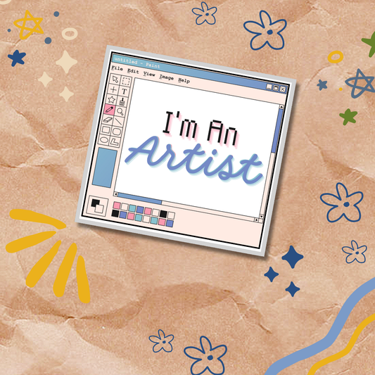 Digital art software interface with 'I'm An Artist' text on a textured brown background with colorful doodles.