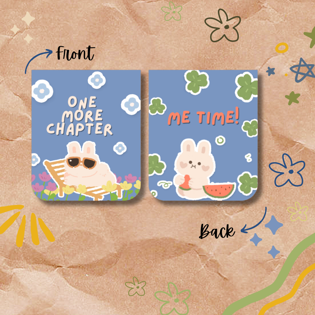 Two cartoon rabbit-themed cards with 'One More Chapter' and 'Me Time!' text on a decorative background.