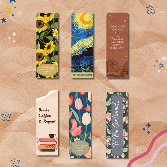 Collection of colorful bookmarks with various designs on a textured beige background.