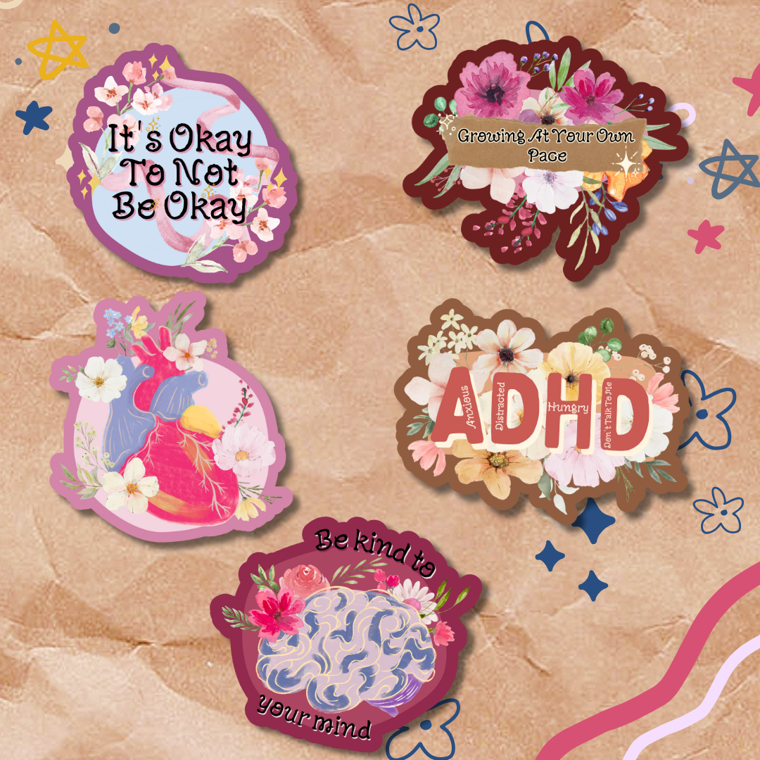 Set of five decorative stickers with motivational phrases on a textured beige background.