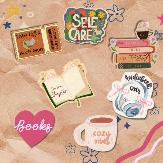 Collection of book-themed stickers on a textured background