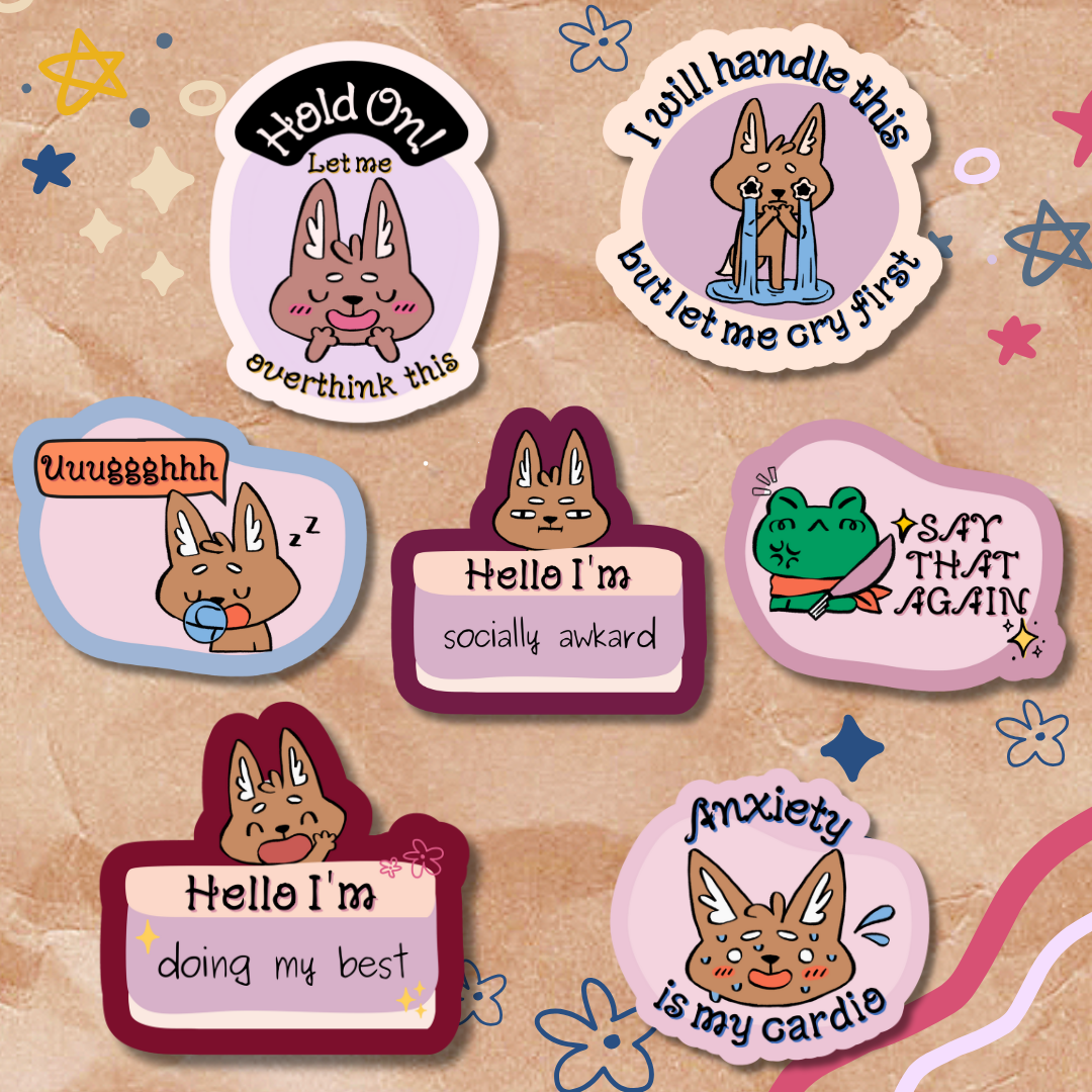 Set of cartoon stickers with text and animal illustrations on a decorative background