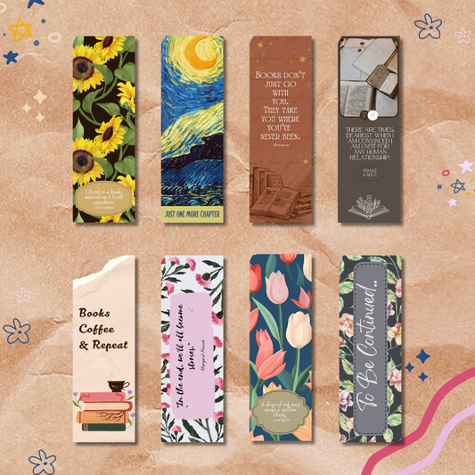 Collection of colorful bookmarks with various designs and text on a decorative background.