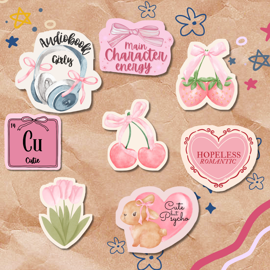 Collection of decorative stickers with various designs on a textured background