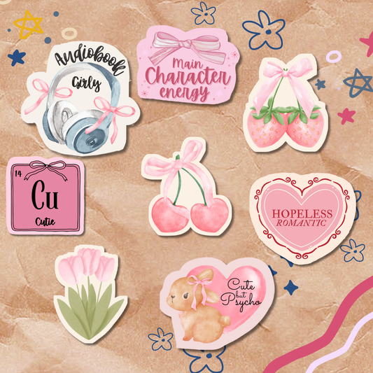 Collection of decorative stickers with various designs on a textured background