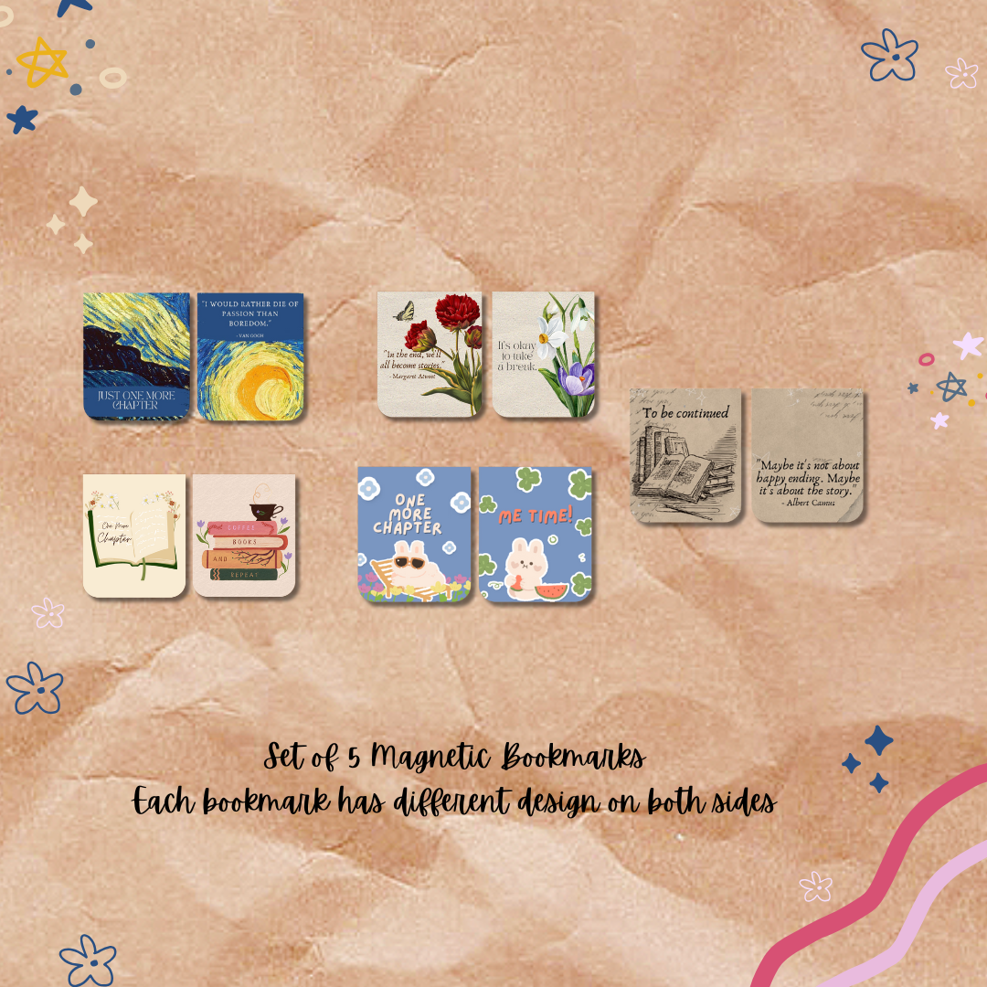 Set of 5 magnetic bookmarks with different designs on a textured beige background