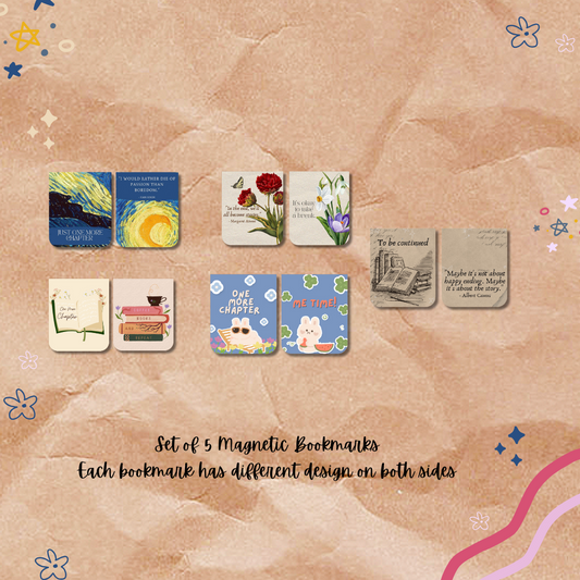 Set of 5 magnetic bookmarks with different designs on a textured beige background