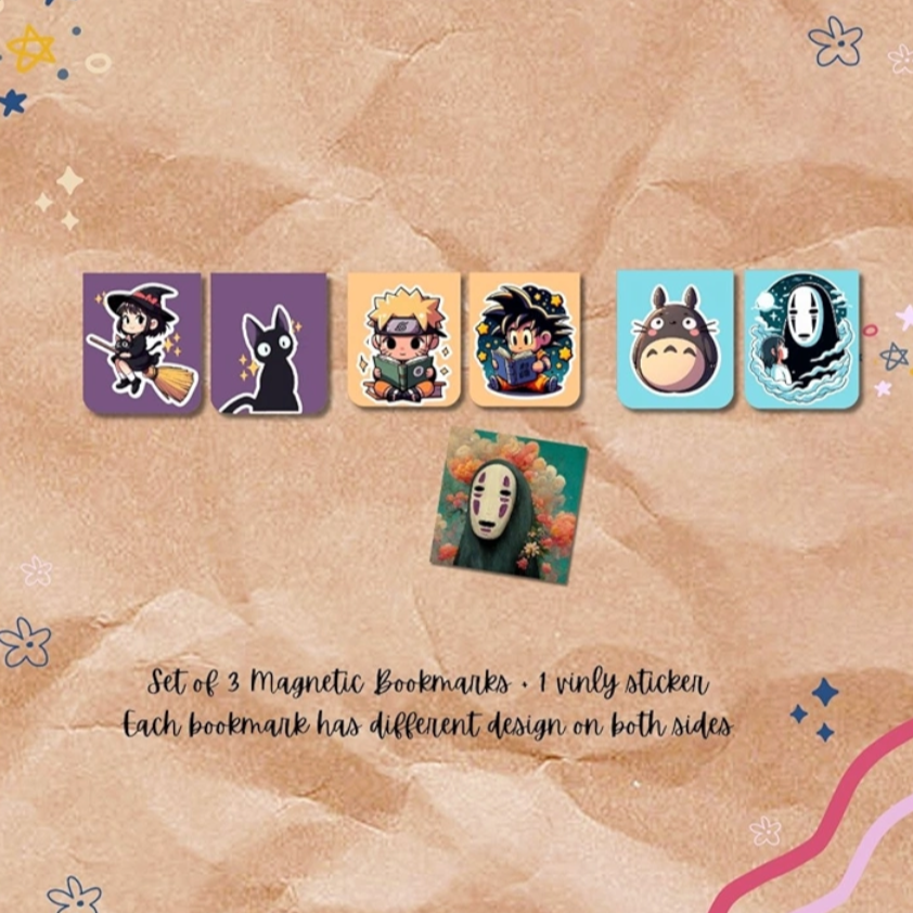 Set of 3 magnetic bookmarks and 1 vinyl sticker with character designs on a textured brown background.