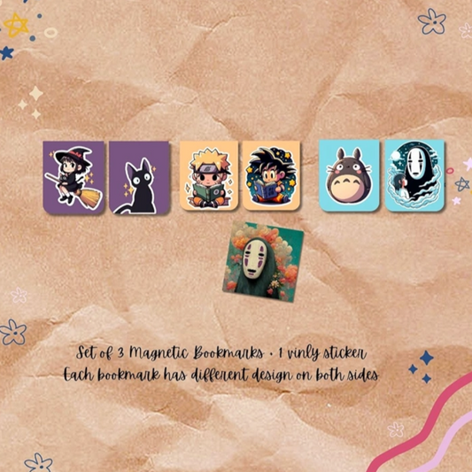 Set of 3 magnetic bookmarks and 1 vinyl sticker with character designs on a textured brown background.
