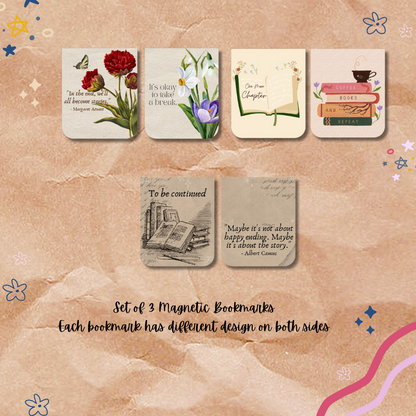 Set of 3 magnetic bookmarks with different designs on a decorative background