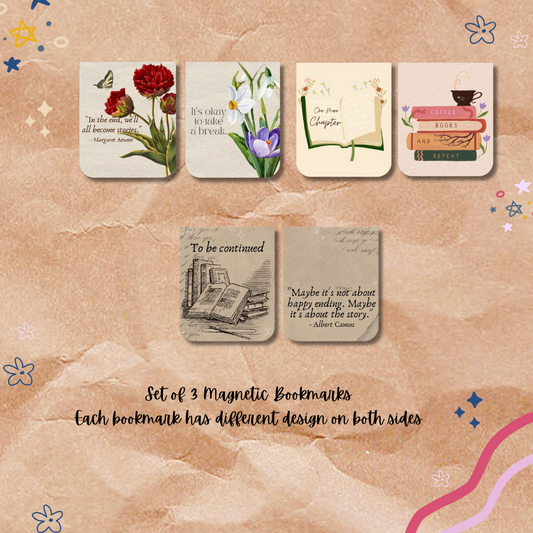 Set of 3 magnetic bookmarks with different designs on a decorative background