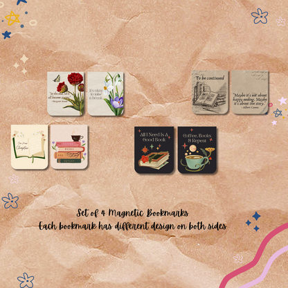Set of 4 magnetic bookmarks with different designs on a textured beige background