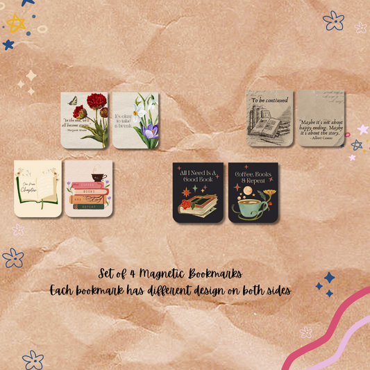 Set of 4 magnetic bookmarks with different designs on a textured beige background