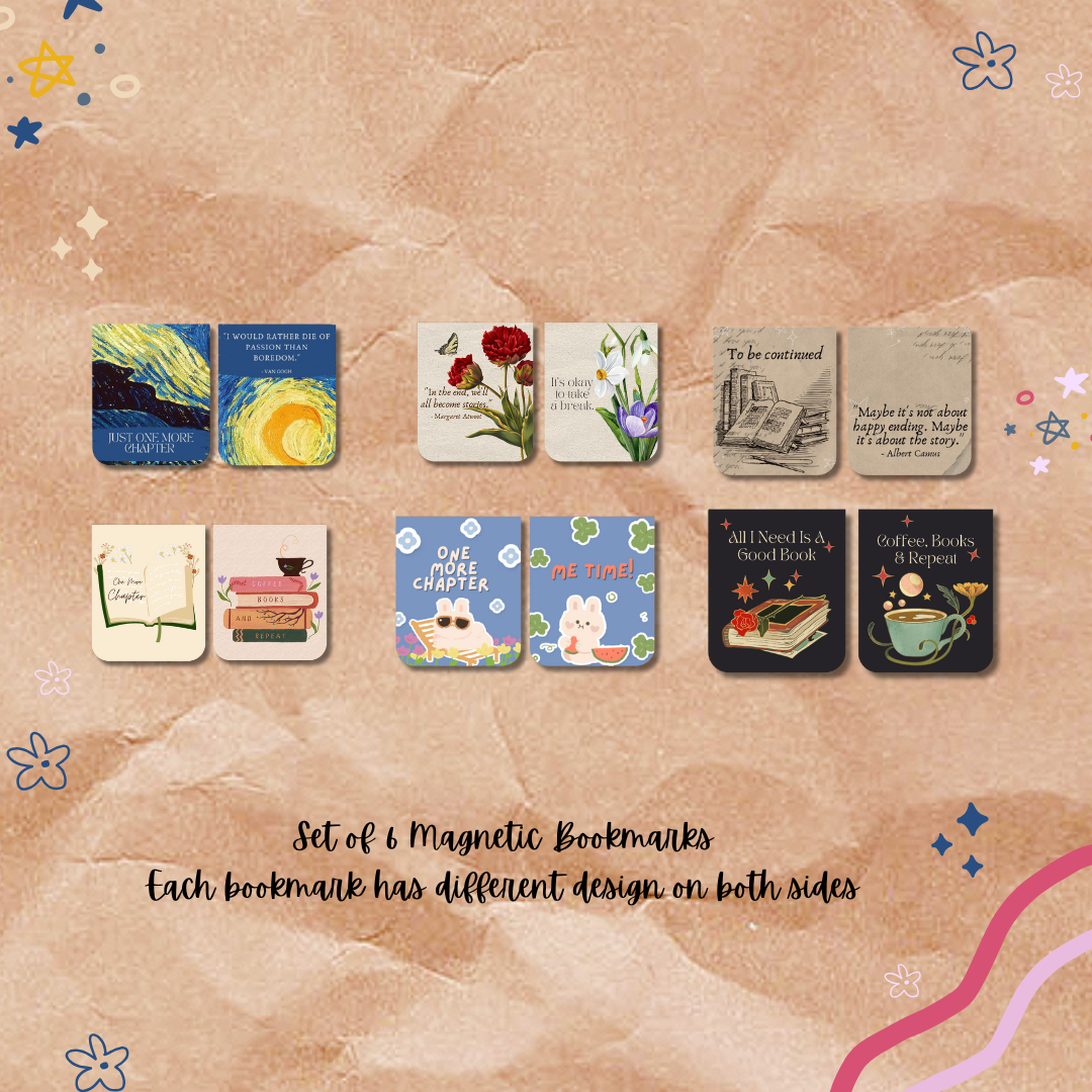 Set of 6 magnetic bookmarks with various designs on a textured beige background