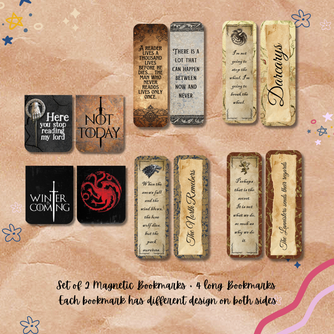 Set of GOT magnetic bookmarks with various designs on a textured background