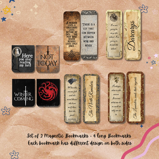 Set of GOT magnetic bookmarks with various designs on a textured background