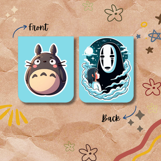 Two cartoon character cards, one on front and one on back, with decorative elements on a textured background.