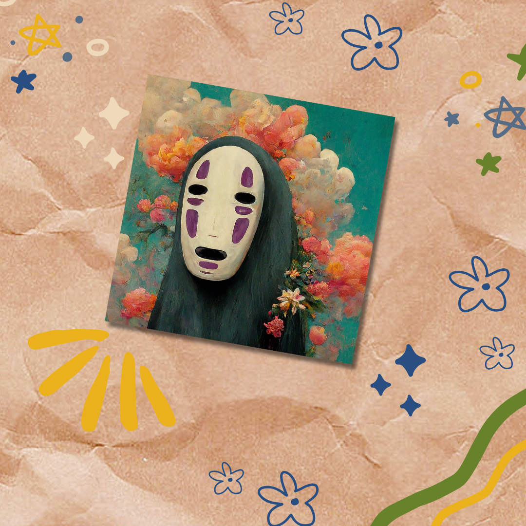 Masked character with a floral background on a decorative paper with colorful shapes
