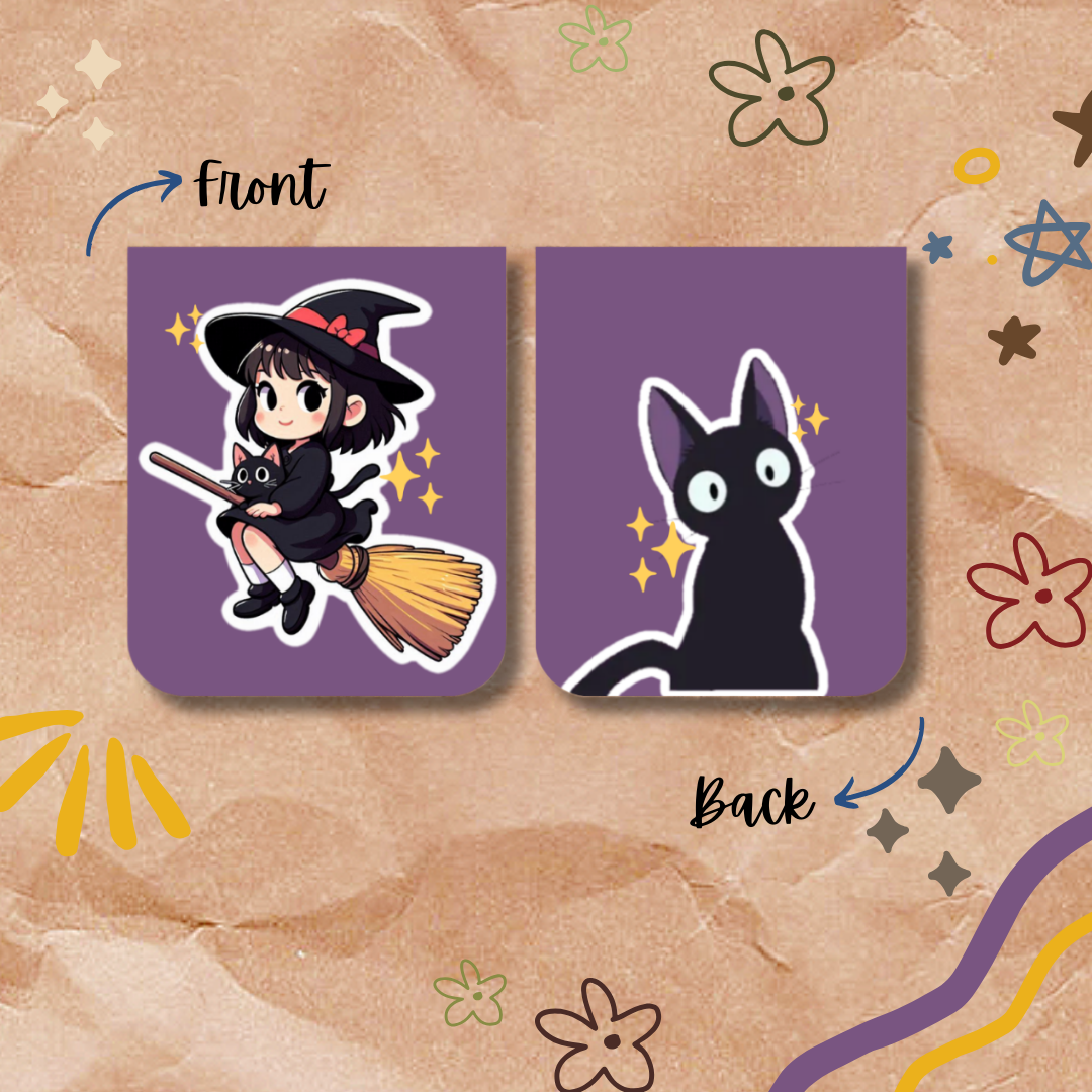 Two purple cards showing a witch and a black cat on a decorative background.