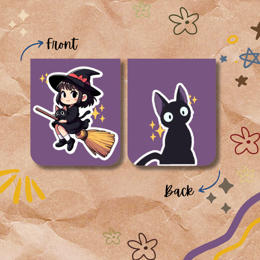 Two purple cards showing a witch and a black cat on a decorative background.