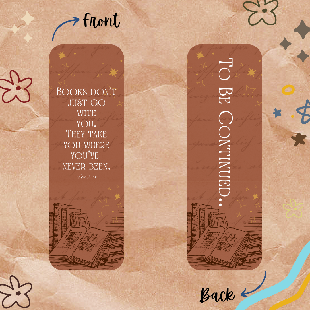 Two book bookmarks with text and illustrations on a decorative background